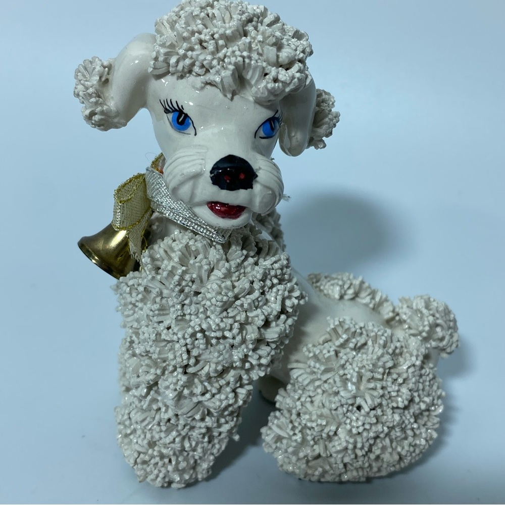 Vintage 50s Italy Elegant Cream Spaghetti Poodle Dog Ceramic Figurine with bell